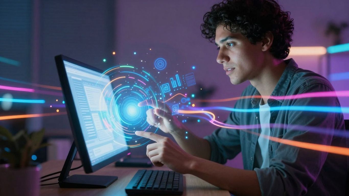 Person interacting with a glowing digital screen.