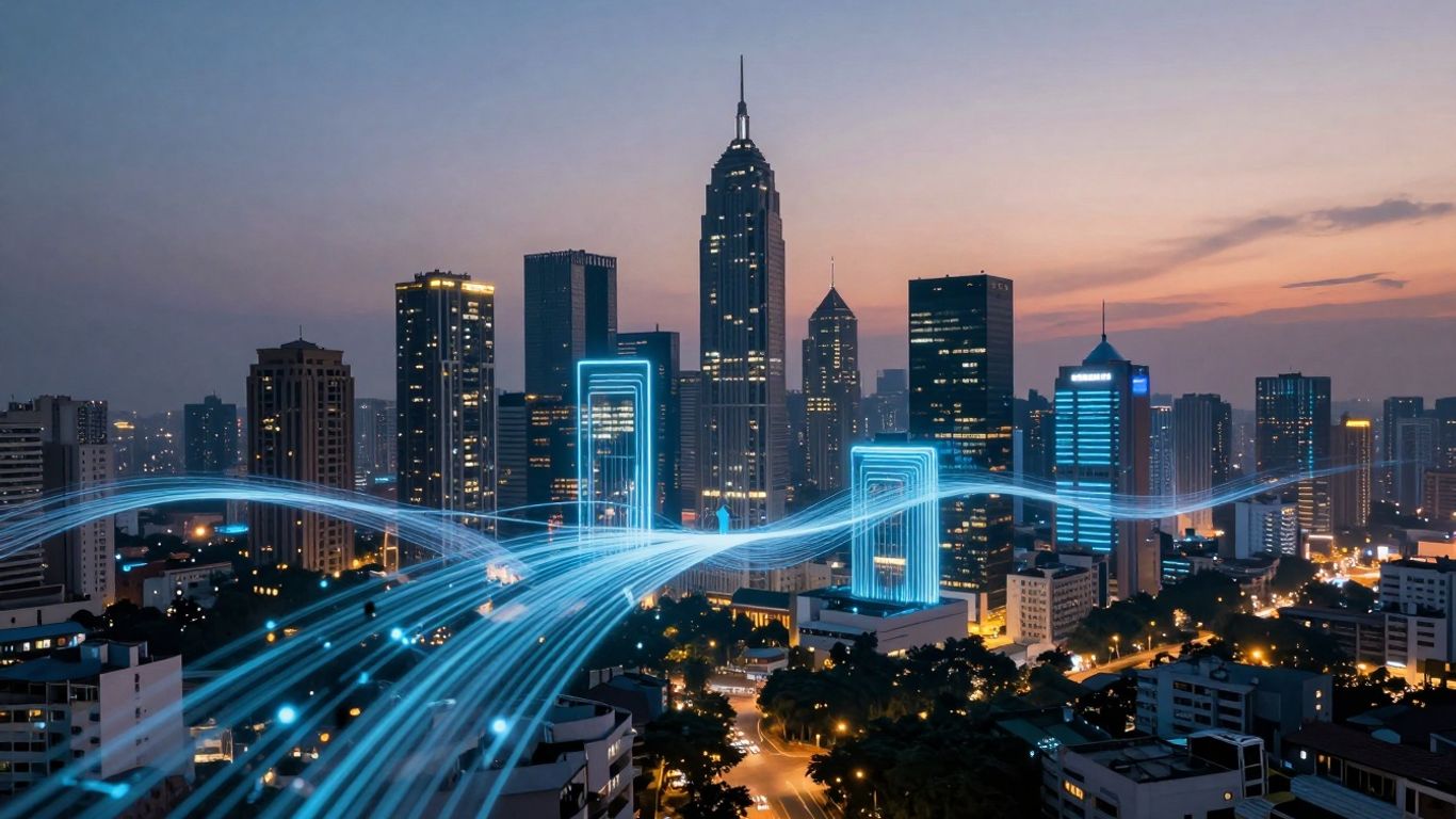 Digital cityscape with data streams and human silhouettes.