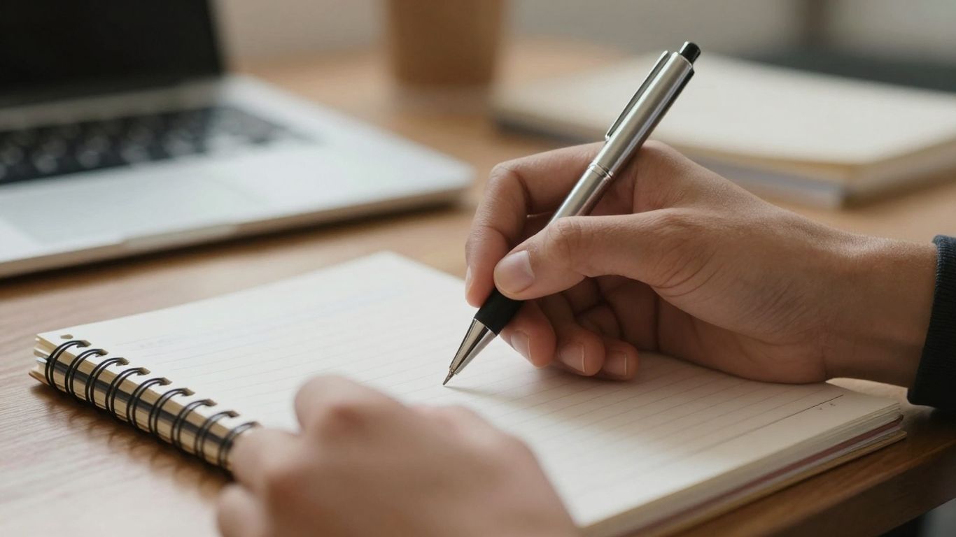 Hands writing ad copy with a pen.